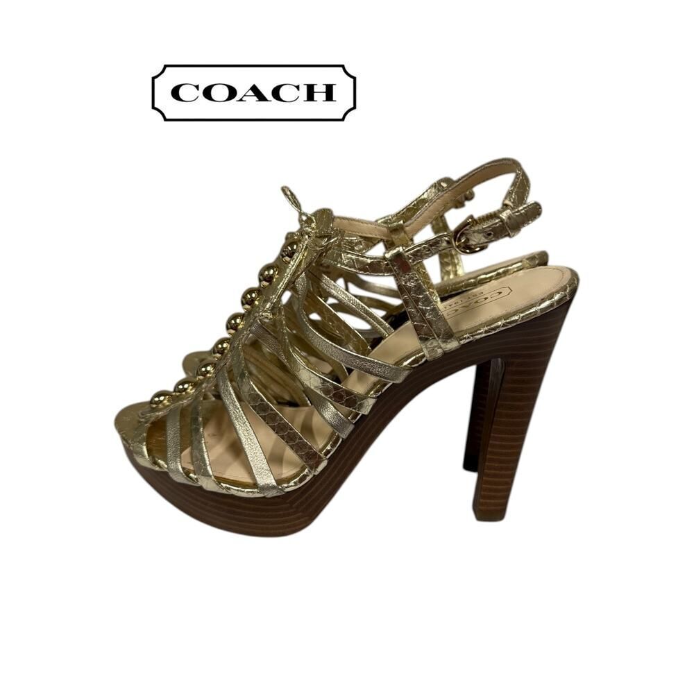 Coach Sarafina Gold Metallic Cage Platform Wooden Heels 5.5